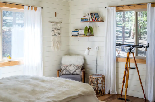Cozy bedroom with white walls, a bed with a fur throw, a telescope, and shelves filled with books and plants.