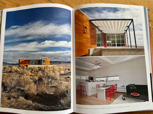 Two modern homes in a magazine spread, showcasing sleek designs against a desert landscape and a stylish interior.