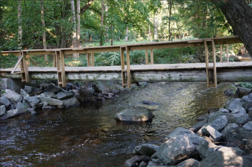 A wooden bridge spans a small stream, surrounded by lush greenery and rocky banks.