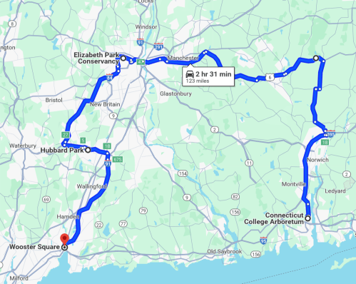 Map showing a route from Wooster Square to Elizabeth Park Conservancy, passing through Hubbard Park and Connecticut College Arboretum.