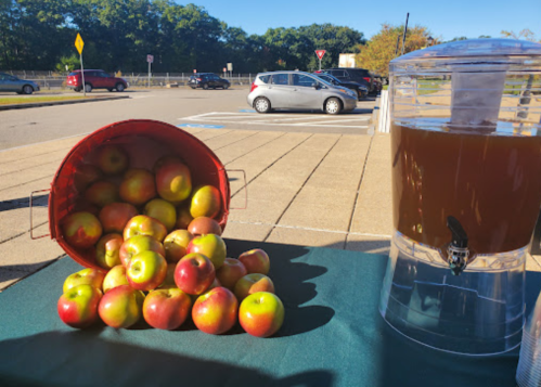 A red bucket overflowing with apples next to a clear beverage dispenser filled with brown liquid.