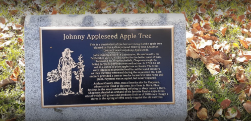 Plaque describing the Johnny Appleseed Apple Tree, detailing its history and significance in Ohio.