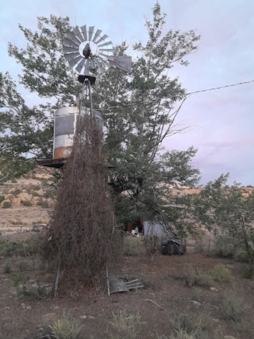 A weathered windmill stands beside a water tank, surrounded by sparse vegetation and rocky terrain under a cloudy sky.