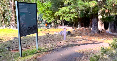 A trailhead sign for Hommer Grove, with a path leading into a wooded area and a sign for the nature trail.