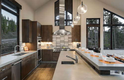 Modern kitchen with dark wood cabinets, stainless steel appliances, and large windows overlooking a forested landscape.