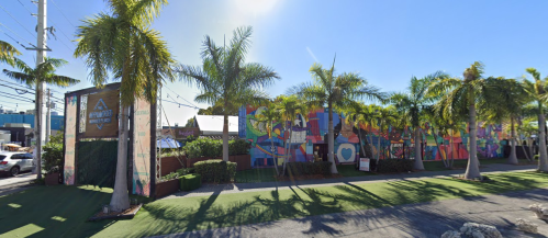 Colorful mural on a building surrounded by palm trees, with clear blue skies and a paved walkway in the foreground.