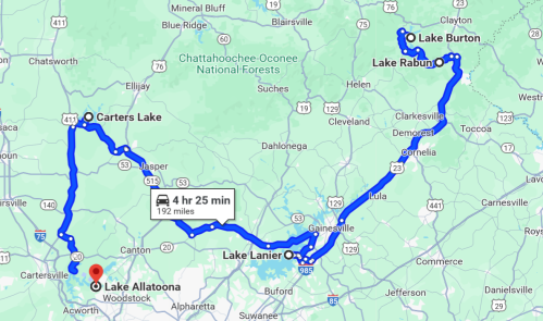 Map showing a route connecting several lakes in Georgia, including Lake Allatoona, Lake Lanier, and Lake Burton.