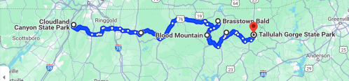 Map showing a route through northern Georgia, highlighting Cloudland Canyon State Park and Tallulah Gorge State Park.