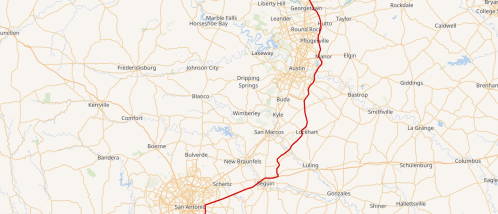Map showing a route from San Antonio to Austin, Texas, with key towns and landmarks marked along the way.