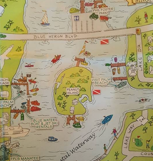 Colorful illustrated map featuring waterways, parks, and landmarks like Peanut Island and Phil Foster Park.