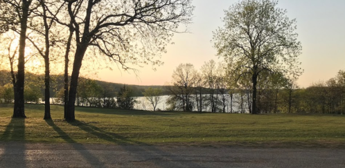 Sunset over a calm lake, framed by trees and grassy land, creating a serene outdoor scene.
