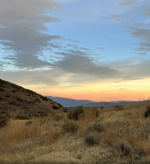 A serene landscape at sunset, featuring rolling hills, sparse vegetation, and a colorful sky with soft clouds.