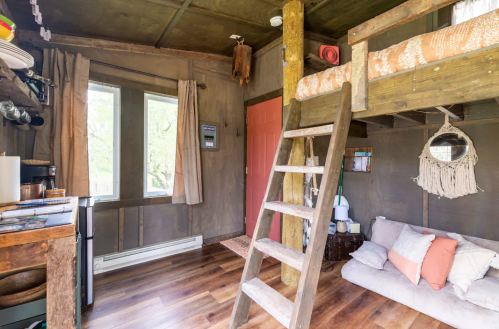Cozy interior of a small cabin featuring a loft bed, wooden ladder, and a seating area with natural light.