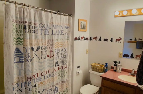 A bathroom featuring a patterned shower curtain, wooden vanity, and wildlife-themed wall decor.
