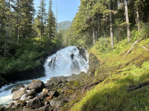A cascading waterfall surrounded by lush green trees and rocky terrain under a clear blue sky.
