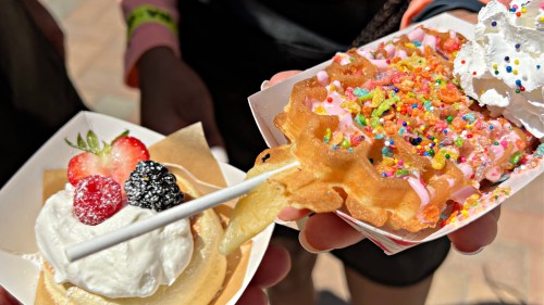 Two desserts: a waffle topped with colorful sprinkles and whipped cream, and a mini cake with berries and cream.