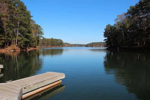 A calm lake surrounded by trees, with a wooden dock extending into the water under a clear blue sky.