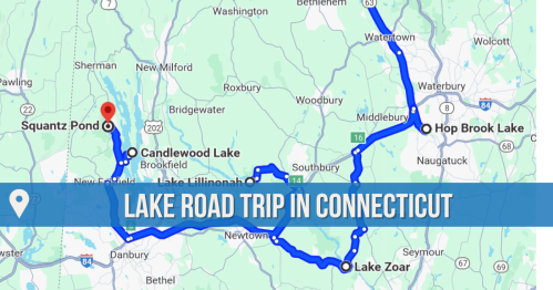 Map showing a road trip route in Connecticut, highlighting Squantz Pond, Candlewood Lake, Hop Brook Lake, and Lake Zoar.