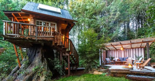 A cozy treehouse with a spiral staircase beside a patio area featuring seating and a fire pit, surrounded by trees.
