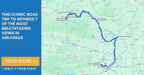 Map highlighting a scenic road trip route in Arkansas, showcasing breathtaking views and key locations along the way.