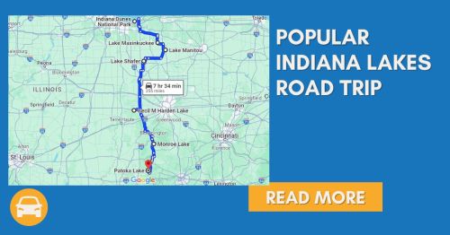 Map showing a road trip route through popular Indiana lakes, highlighting a 7-hour, 34-minute drive covering 355 miles.