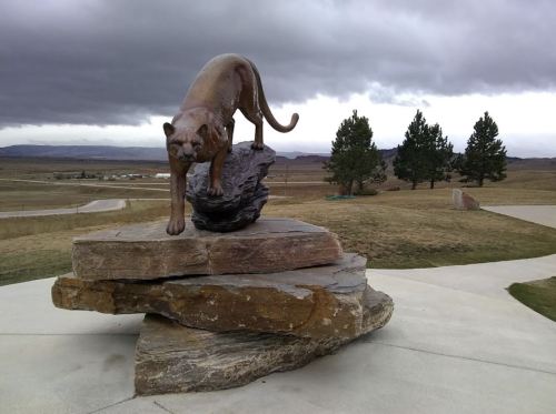A bronze mountain lion sculpture perched on a rock, set against a cloudy sky and grassy landscape.