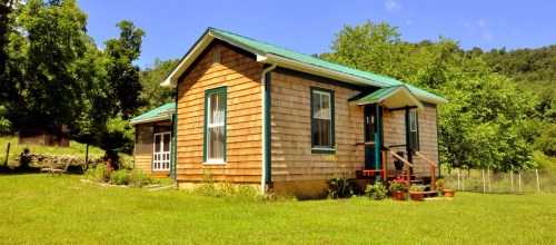 A charming wooden house with a green roof, surrounded by lush greenery and colorful flowers on a sunny day.