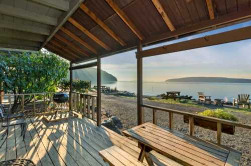 A serene view from a wooden deck overlooking calm waters and distant hills, with outdoor seating and trees nearby.