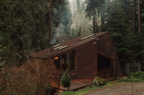 A modern wooden cabin nestled in a dense forest, with smoke rising from the chimney and a cozy atmosphere.