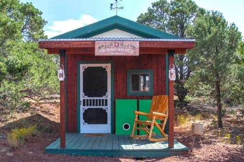 A small, rustic cabin with a green roof, wooden porch, and rocking chair, surrounded by trees in a natural setting.