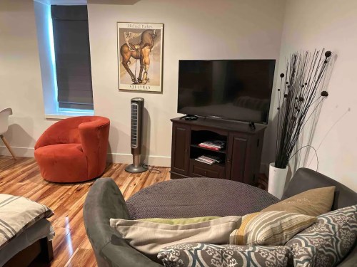 Cozy living room with a round sofa, red chair, TV, and decorative plants against a light wall.
