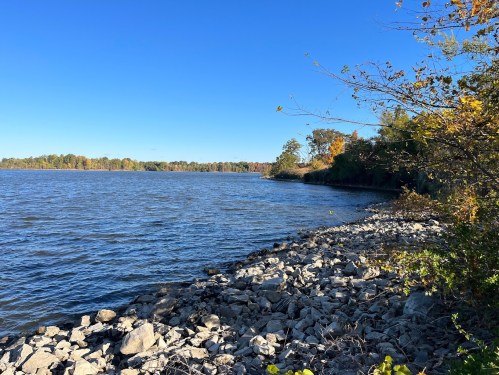 A serene riverbank scene with rocky shorelines, clear blue skies, and autumn foliage in the background.