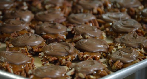 A tray of chocolate-covered caramel candies topped with chopped pecans.
