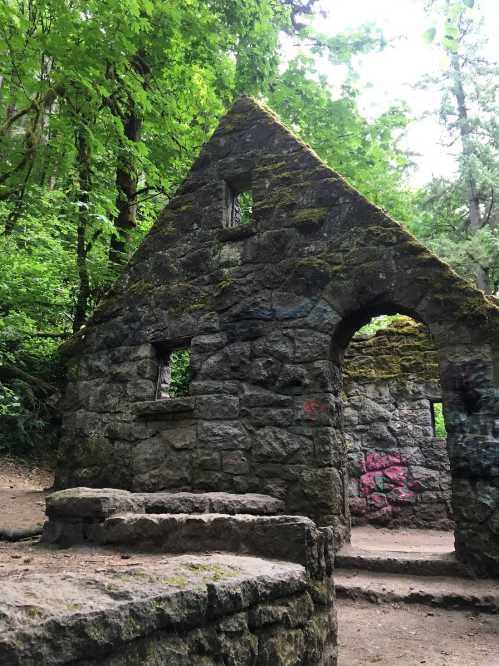 Ruins of a moss-covered stone structure surrounded by lush green trees in a forested area.