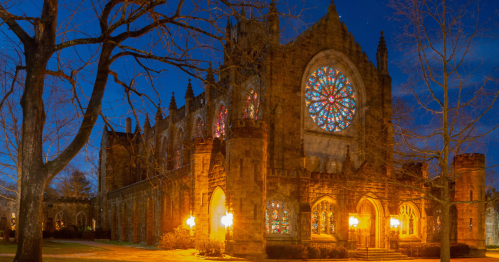 A chapel in Tennessee illuminated in the night.
