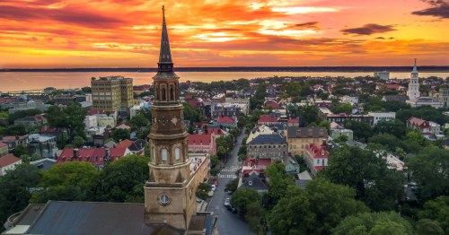 A drone view of Charleston, South Carolina, at sunset.