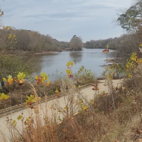 A serene river scene with autumn foliage along the banks and a cloudy sky overhead.