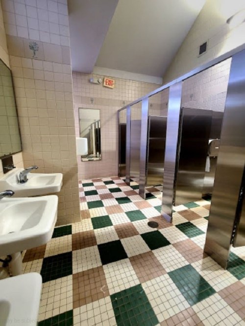 Interior of a public restroom featuring sinks, mirrors, and metal stalls with tiled flooring in green and pink.