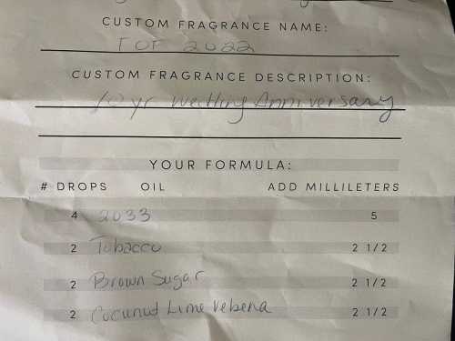 A handwritten fragrance formula for a custom scent, titled "For 2022," celebrating a wedding anniversary.