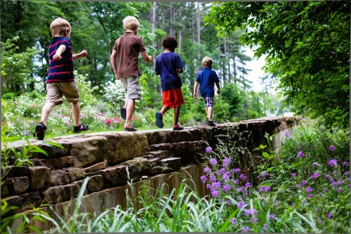Four children walk along a stone wall in a lush, green garden, surrounded by flowers and trees.