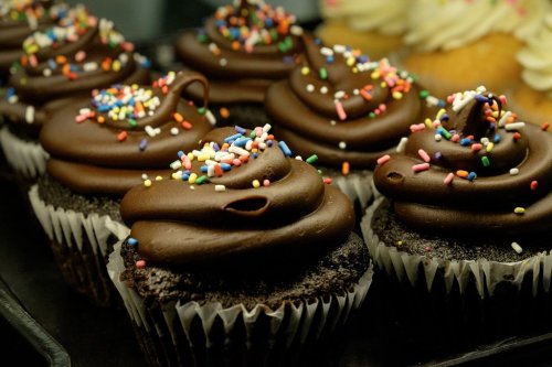 A close-up of chocolate cupcakes topped with swirls of frosting and colorful sprinkles.