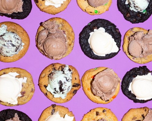 A colorful array of cookies topped with scoops of ice cream on a vibrant purple background.