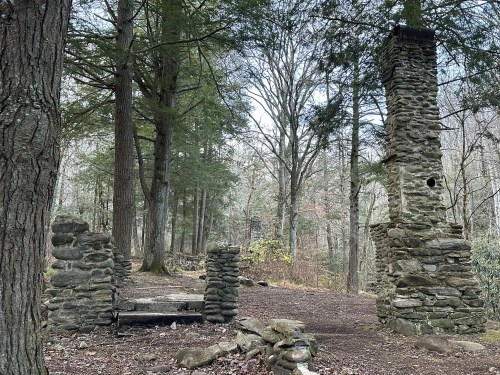 Ruins of a stone structure with a tall chimney, surrounded by trees in a wooded area.