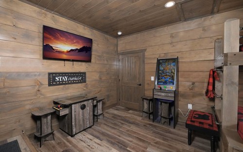 Cozy game room with wooden walls, a TV, arcade machine, and rustic furniture.