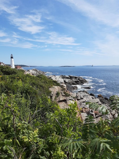 A scenic coastal view featuring a lighthouse, rocky shoreline, and calm blue waters under a clear sky.