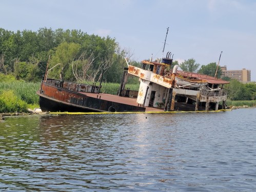 An abandoned, rusted ship partially submerged in a river, surrounded by overgrown vegetation and a city skyline in the background.