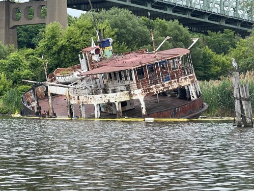 An abandoned, rusted ship partially submerged in a river, surrounded by lush greenery and a bridge in the background.