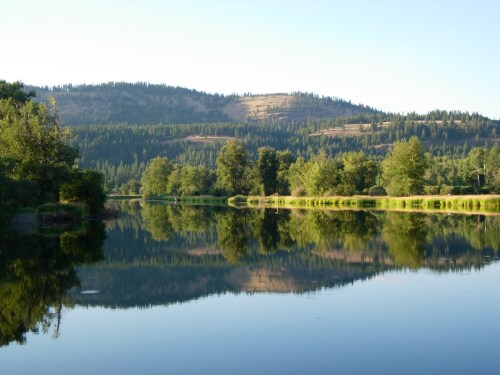 A serene lake reflecting lush trees and mountains under a clear blue sky.