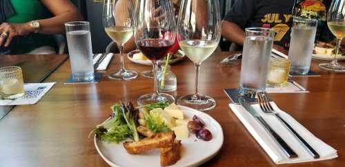 A table set with glasses of wine, water, and a plate of salad, cheese, and grapes, surrounded by diners.