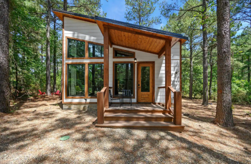 A modern cabin with large windows, a wooden porch, and surrounded by tall pine trees in a serene outdoor setting.